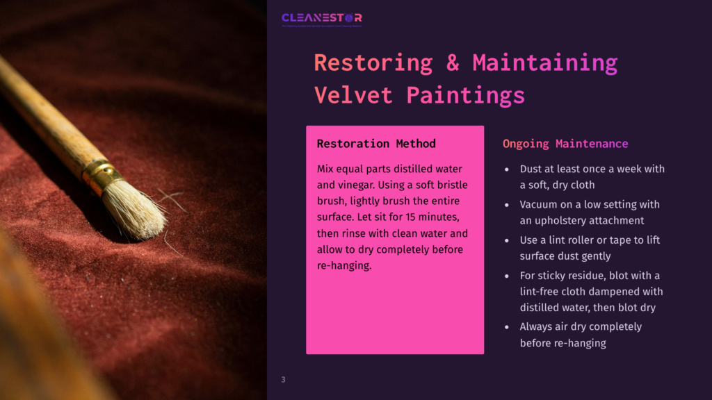 3 Restoring And Maintaining Velvet Paintings Close-Up Of A Vintage Paintbrush With Natural Bristles Resting On A Deep Red Velvet Fabric, Suggesting Art Restoration Or Cleaning.