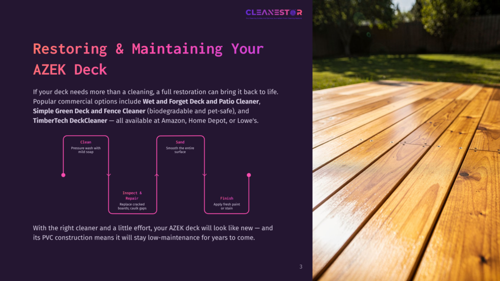 3 Restoring And Maintaining Your Azek Deck A Beautifully Restored And Stained Wooden Deck, Showcasing Rich, Warm Tones And A Smooth, Clean Surface, Glistens In Natural Sunlight. The Image Highlights The Results Of Deck Restoration And Maintenance.