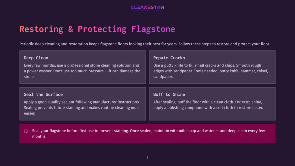 Restoring &Amp; Protecting Flagstone: Steps For Deep Cleaning, Repair, Sealing, And Buffing Flagstone Floors For A Polished Shine. Includes Tips For Preventing Future Staining.