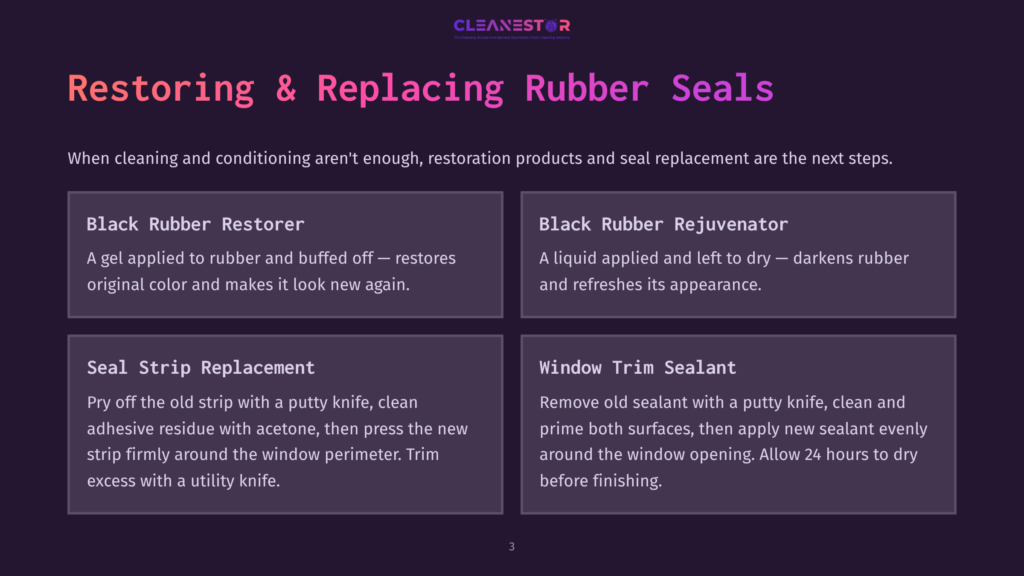 Restoring &Amp; Replacing Rubber Seals: Sections Detail Black Rubber Restorer, Black Rubber Rejuvenator, Seal Strip Replacement, And Window Trim Sealant, With Product Descriptions And Instructions.