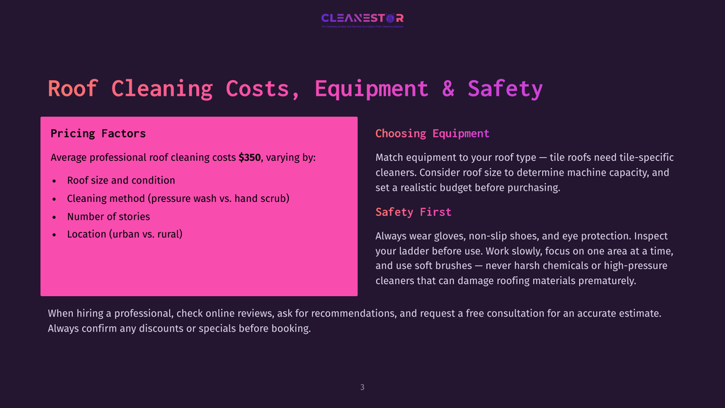 Dark Purple Background With &Quot;Cleanestor&Quot; Logo At The Top. Left Side Details &Quot;Roof Cleaning Costs&Quot; With Pricing Factors Like Roof Size, Cleaning Method, And Number Of Stories. Right Side Discusses &Quot;Choosing Equipment&Quot; And &Quot;Safety First&Quot; For Roof Cleaning.