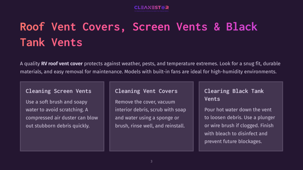 Graphic With Text &Quot;Cleanestor&Quot; And &Quot;Roof Vent Covers, Screen Vents &Amp; Black Tank Vents.&Quot; Below, Three Sections Describe Cleaning Rv Roof Vent Covers, Cleaning Vent Covers, And Clearing Black Tank Vents.