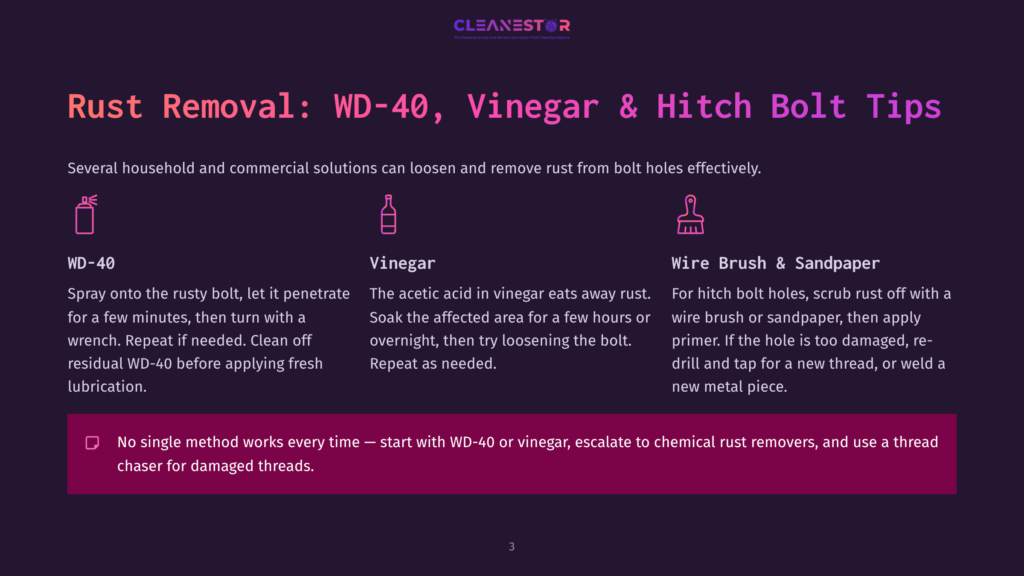 Rust Removal: Wd-40, Vinegar &Amp; Hitch Bolt Tips. Infographic With Icons For Wd-40, Vinegar, And Wire Brush/Sandpaper, Detailing Rust Removal Methods.