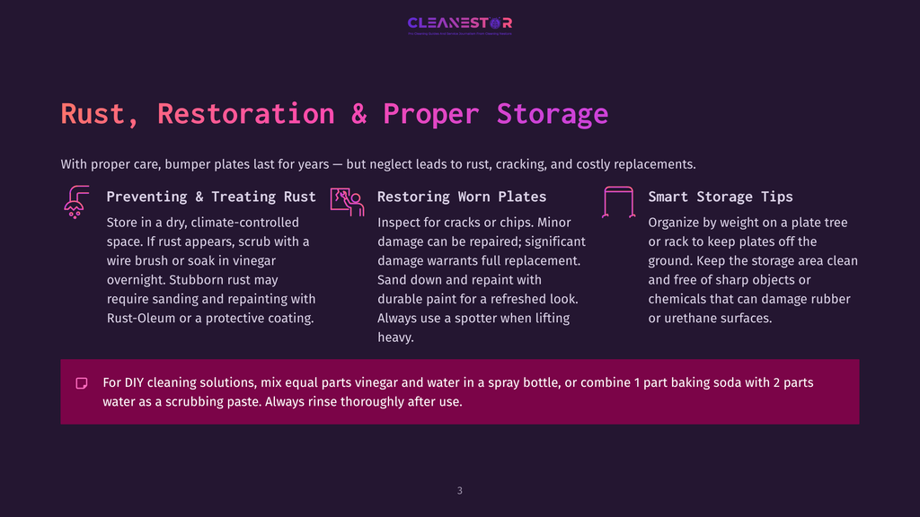 Purple Background With Text And Icons About Rust, Restoration, And Proper Storage Of Bumper Plates. Includes Tips For Preventing And Treating Rust, Restoring Worn Plates, And Smart Storage Tips.