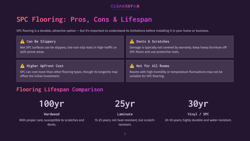 Infographic Titled &Quot;Spc Flooring: Pros, Cons &Amp; Lifespan&Quot; Comparing Spc Flooring'S Lifespan To Hardwood And Laminate, Highlighting Pros Like Durability And Cons Like Potential Slipperiness.