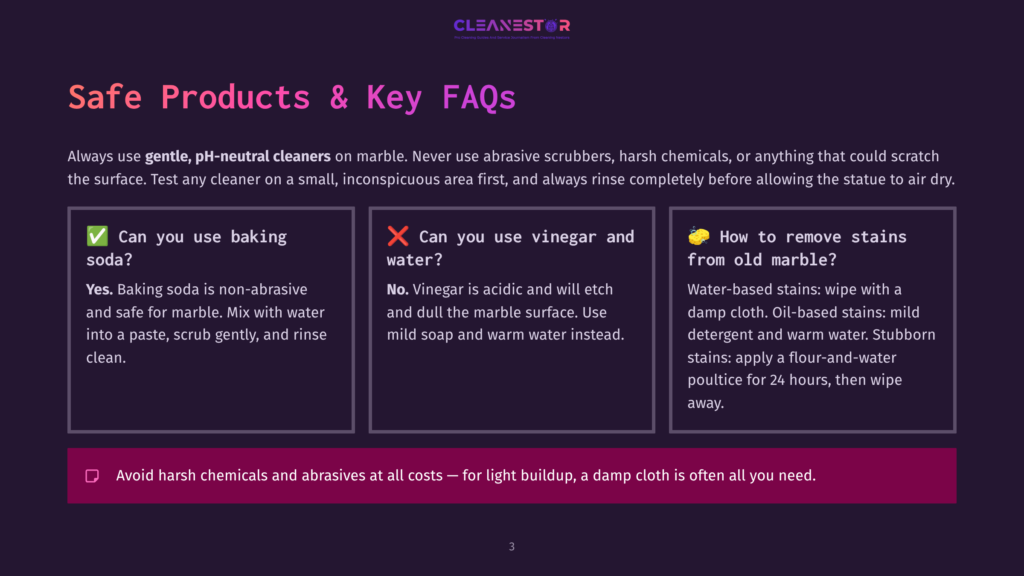 A Dark Purple Background With A White Cleanestor Logo At The Top. Below Is The Text &Quot;Safe Products &Amp; Key Faqs&Quot; In Large White Letters. Three Columns Provide Cleaning Advice For Marble: One With A Green Checkmark Says &Quot;Can You Use Baking Soda?&Quot;, The Next With A Red X Says &Quot;Can You Use Vinegar?&Quot;, And The Last With A Yellow Lightbulb Says &Quot;How To Remove Stains From Old Marble?&Quot;.