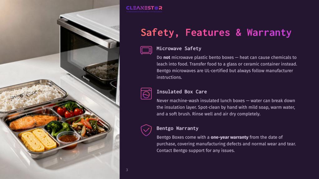 Cleanestor Microwave-Safe Bento Boxes With Salmon, Rice, Vegetables, And Egg. Features Include Microwave Safety, Insulated Box Care, And A One-Year Warranty.