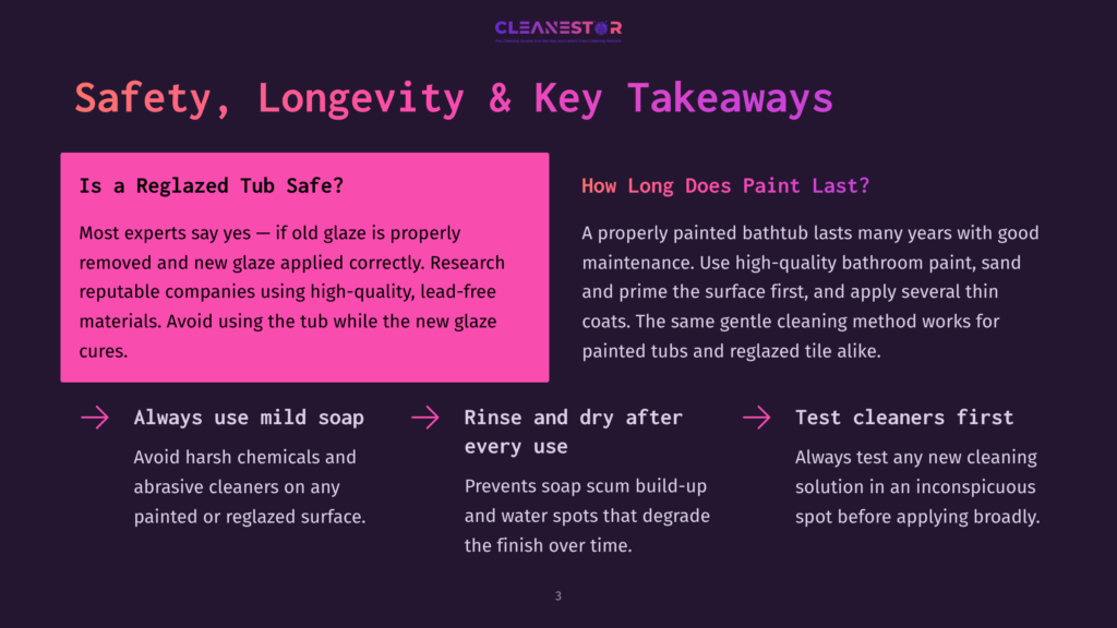 Safety, Longevity &Amp; Key Takeaways: A Reglazd Tub Safe? How Long Does Paint Last? Infographic With Text About Bathtub Reglazing, Including Tips For Care And Longevity.