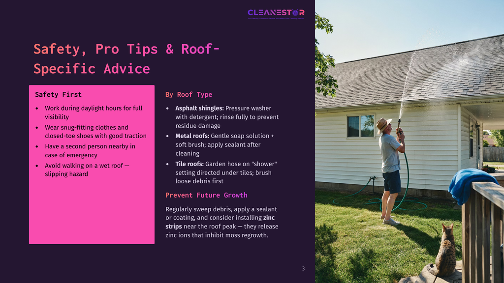 3 Safety Pro Tips And Roof Specific Advice A Man Sprays Water From A Hose Onto A Shingled Roof, Cleaning It. A Cat Watches From A Wooden Deck In The Foreground.