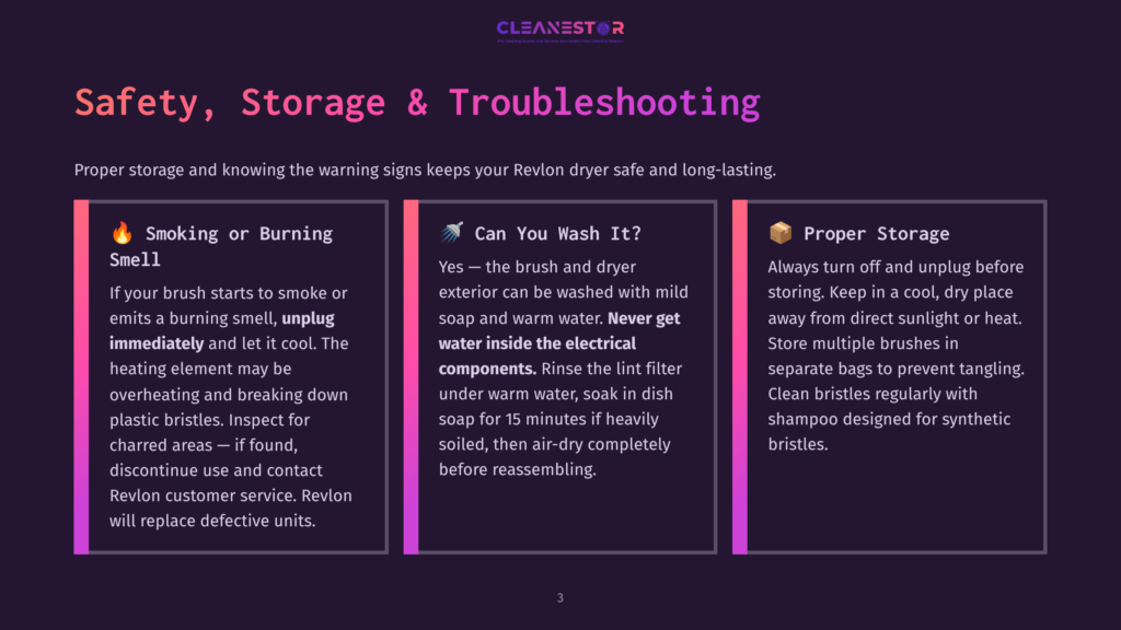 Revlon Dryer Safety, Storage, And Troubleshooting Guide: Smoking Or Burning Smell Warnings, How To Wash The Dryer, And Proper Storage Tips.