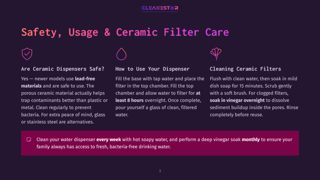 A Dark Purple Graphic With Three Icons And Text About Ceramic Dispenser Safety, Usage, And Cleaning Filters. The Text Includes &Quot;Safety, Usage &Amp; Ceramic Filter Care,&Quot; And Tips Like &Quot;Every Week&Quot; And &Quot;Monthly.