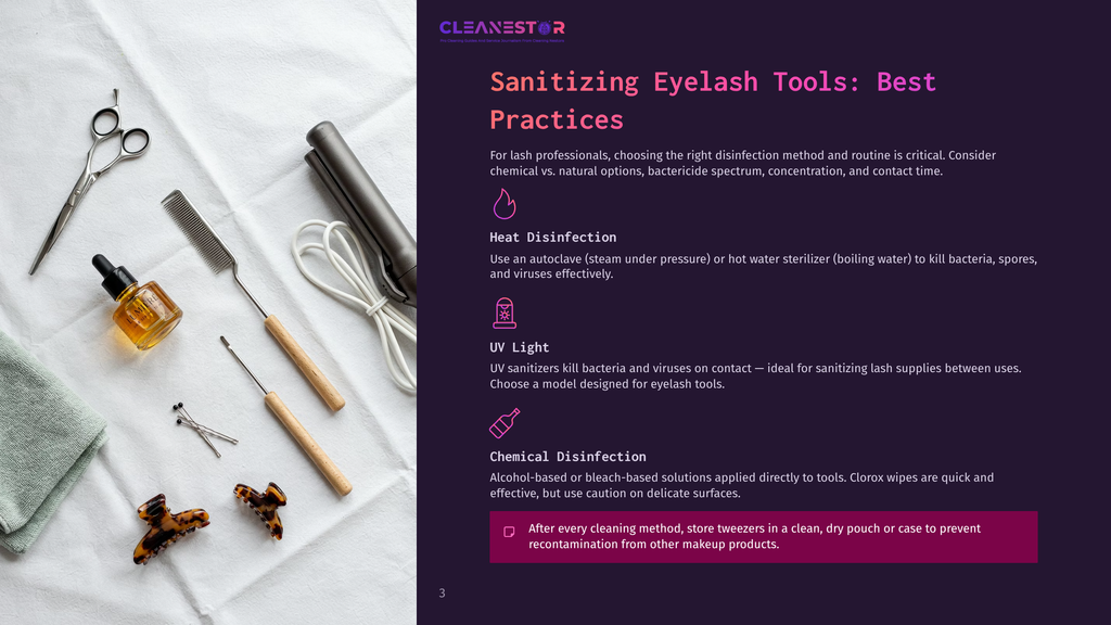 Cleanestor Sanitizing Eyelash Tools: Scissors, Comb, And Clamp, With A Bottle Of Solution On A White Towel.