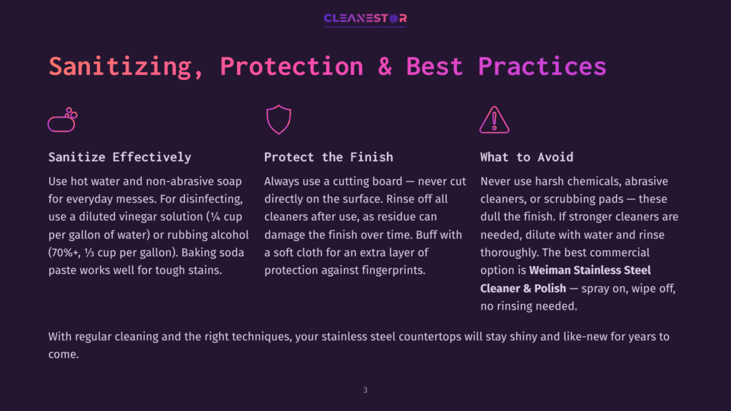 3 Sanitizing Protection And Best Practices Cleanestor Logo. Sanitizing, Protection &Amp; Best Practices Image With Three Sections: Sanitize Effectively, Protect The Finish, And What To Avoid. Text Details Cleaning Tips For Stainless Steel.