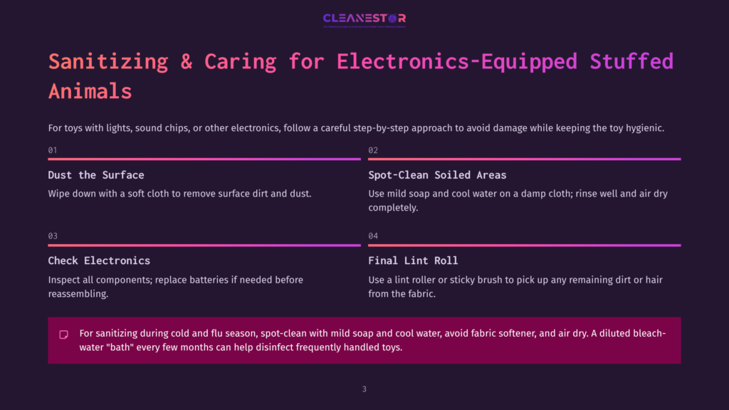 A Dark Purple Slide With The Title &Quot;Sanitizing &Amp; Caring For Electronics-Equipped Stuffed Animals&Quot; And Four Numbered Steps: &Quot;Dust The Surface&Quot;, &Quot;Spot-Clean Soiled Areas&Quot;, &Quot;Check Electronics&Quot;, And &Quot;Final Lint Roll&Quot;. A Purple Box At The Bottom Provides A Sanitizing Tip.