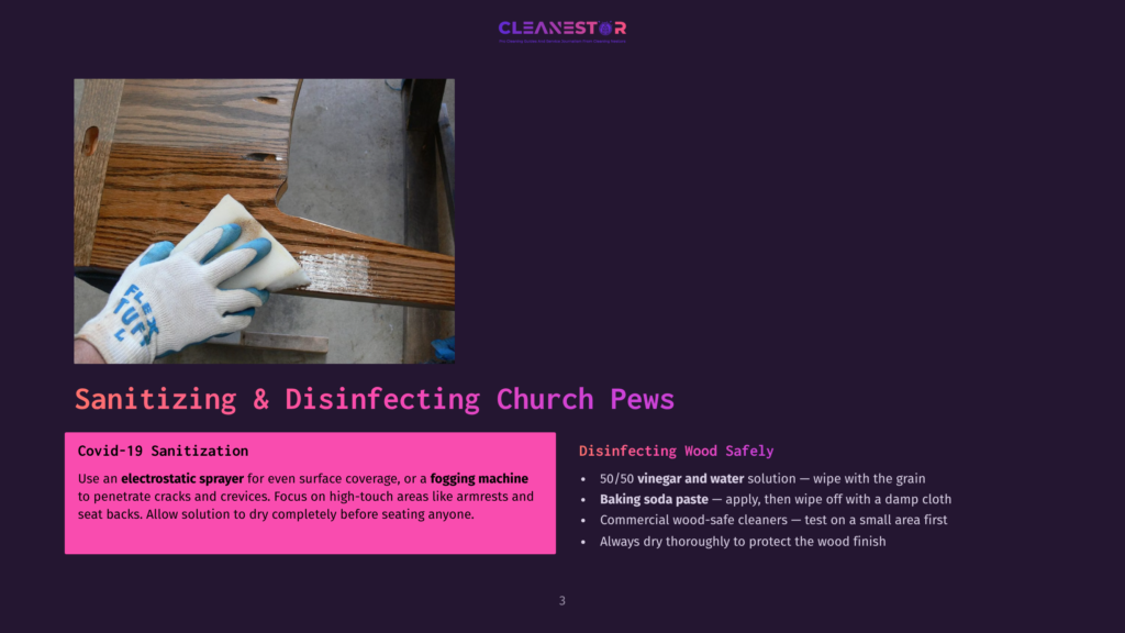 3 Sanitizing And Disinfecting Church Pews Close-Up Of Gloved Hands Sanitizing A Wooden Church Pew With A White Spray Bottle, Showing The Cleaning Process For Disinfecting Church Furniture.
