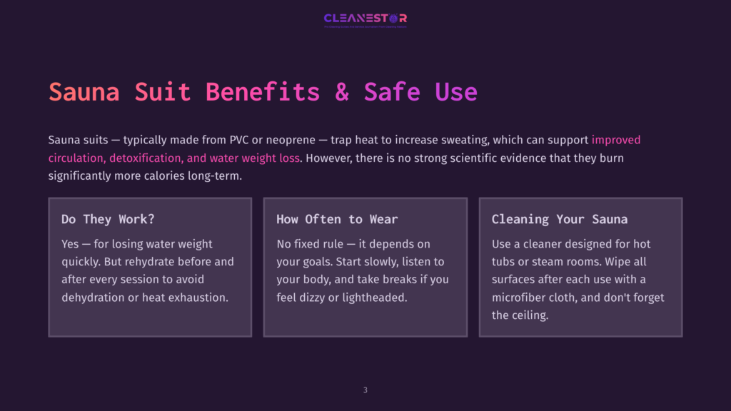 A Dark Purple Background Features The Text &Quot;Cleanestor&Quot; At The Top, Followed By &Quot;Sauna Suit Benefits &Amp; Safe Use&Quot; In Large White Letters. Below Are Three Boxes Detailing Information About Sauna Suits: &Quot;Do They Work?&Quot;, &Quot;How Often To Wear&Quot;, And &Quot;Cleaning Your Sauna&Quot;.