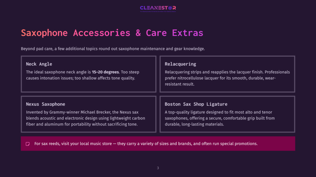 Cleanestor Logo Above A Dark Purple Background With Text Boxes Describing Saxophone Accessories And Care: Neck Angle, Relacquering, Nexus Saxophone, And Boston Sax Shop Ligature, With A Call To Action To Visit Local Music Stores.