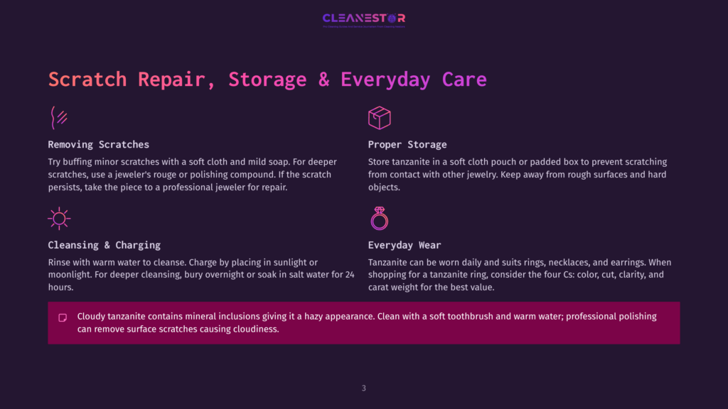 Tanzanite Care Guide: Removing Scratches With Jewelry Cleaner, Proper Storage In A Soft Pouch, Cleansing With Sunlight Or Saltwater, And Everyday Wear Recommendations.