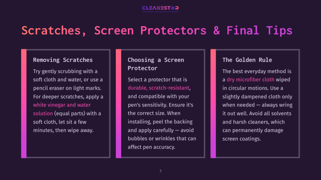 3 Scratches Screen Protectors And Final Tips Cleanestor Logo Above Three Columns Of Text: &Quot;Removing Scratches,&Quot; &Quot;Choosing A Screen Protector,&Quot; And &Quot;The Golden Rule.&Quot; The Columns Detail Cleaning Tips For Screens And Screen Protectors.