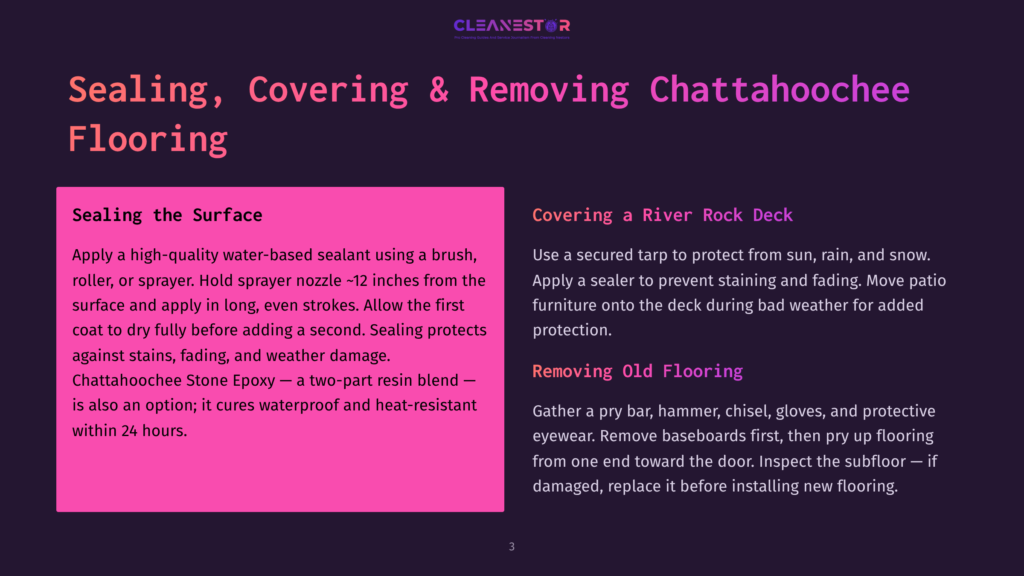 Text Overlay On A Dark Purple Background: &Quot;Sealing The Surface&Quot; With Instructions For Applying A Sealant To Chattahoochee Stone Epoxy, And &Quot;Covering A River Rock Deck&Quot; With Instructions For Protecting A Deck From Weather.