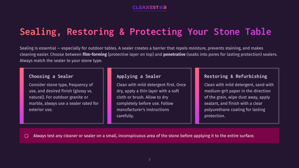 A Graphic Titled &Quot;Sealing, Restoring &Amp; Protecting Your Stone Table&Quot; With Three Columns: &Quot;Choosing A Sealer,&Quot; &Quot;Applying A Sealer,&Quot; And &Quot;Restoring &Amp; Refurbishing,&Quot; Offering Advice On Stone Care.