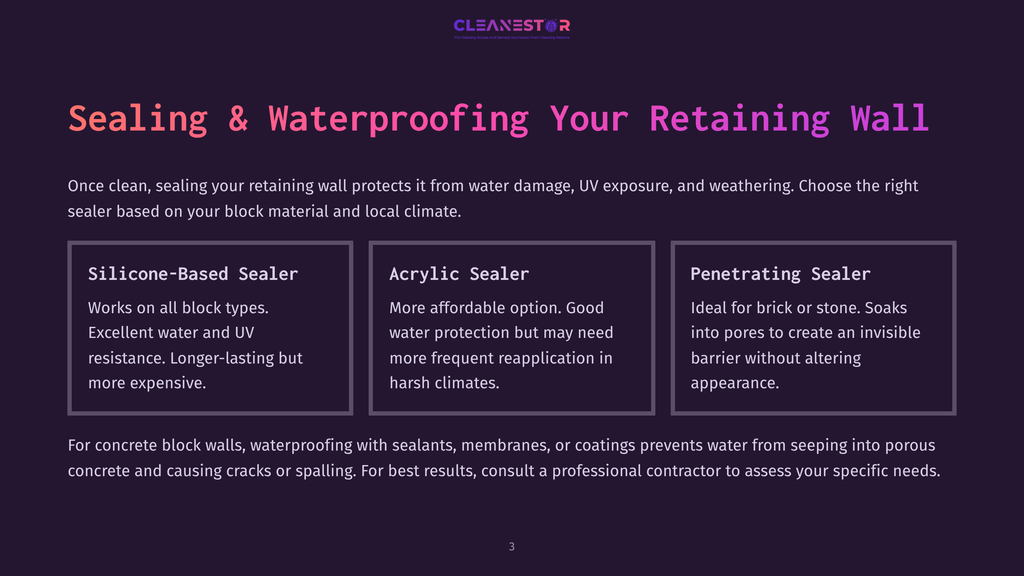 Sealing &Amp; Waterproofing Your Retaining Wall: Silicone-Based Sealer, Acrylic Sealer, Penetrating Sealer Options Explained. Text On A Dark Purple Background.