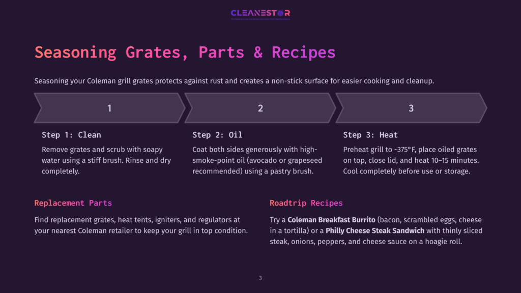 Coleman Grill Care Guide: 3 Steps To Season Grates, Plus Replacement Parts And Roadtrip Recipes. Step 1: Clean, Step 2: Oil, Step 3: Heat.