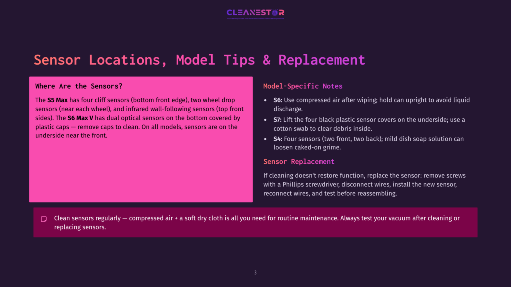 3 Sensor Locations Model Tips And Replacement Cleanestor Vacuum Sensor Locations, Model Tips, And Replacement Guide, Featuring Text On Sensor Placement, Specific Model Notes, And Maintenance Advice.
