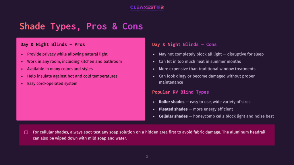 Slide Titled &Quot;Shade Types, Pros &Amp; Cons&Quot; Comparing Day &Amp; Night Blinds Pros (Privacy, Insulation, Colors) And Cons (Light Blockage, Heat, Cost, Damage Risk) And Rv Blind Types (Roller, Pleated, Cellular).