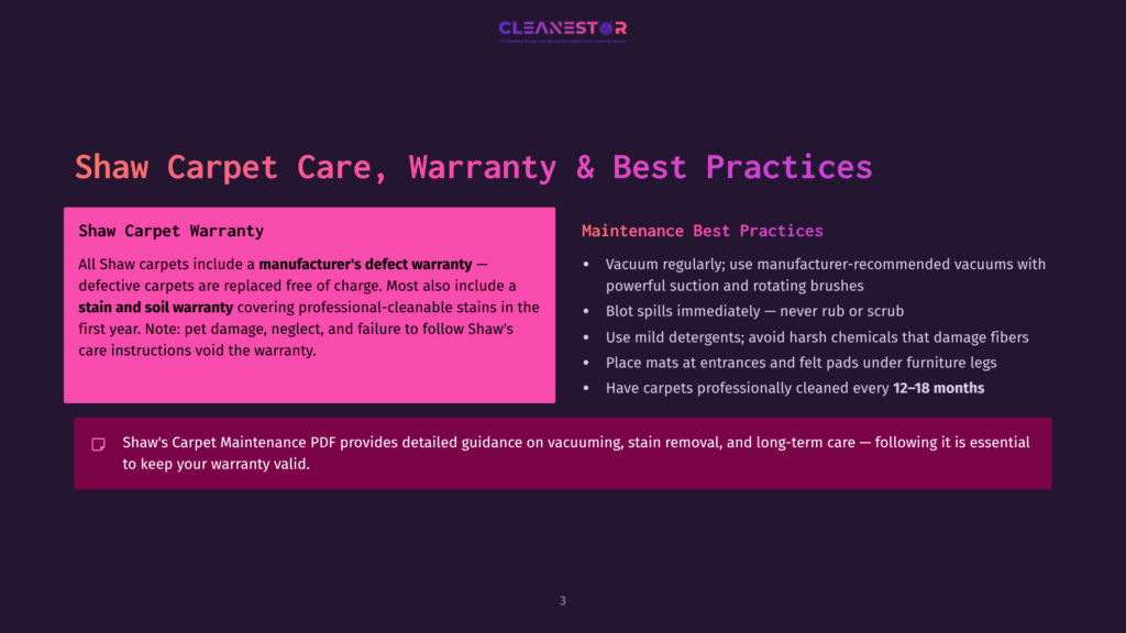 A Slide Titled &Quot;Shaw Carpet Care, Warranty &Amp; Best Practices&Quot; With Sections On &Quot;Shaw Carpet Warranty&Quot; And &Quot;Maintenance Best Practices,&Quot; Detailing Care Instructions And Warranty Information.