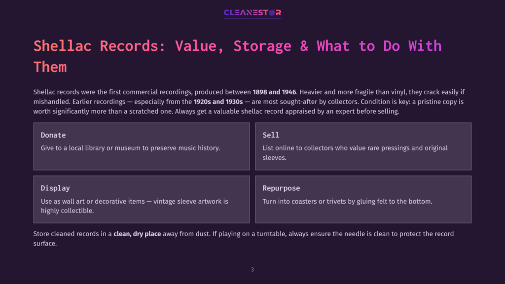 Cleanestor Logo Above Text About Shellac Records: Value, Storage &Amp; What To Do With Them. Four Boxes Detail Donate, Sell, Display, And Repurpose Shellac Records.