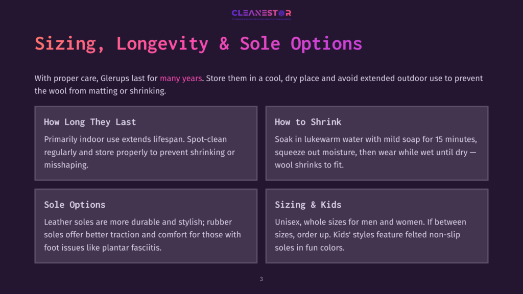 Cleanestor Glerups Sizing, Longevity, And Sole Options: How Long They Last, How To Shrink, Sole Options, And Sizing For Kids And Adults.