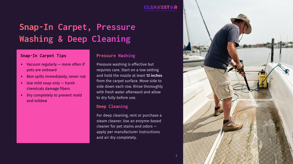 Man Pressure Washing A Boat Deck. He Holds A Yellow Pressure Washer Wand, Spraying Water On The White And Grey Boat Floor. The Boat Is Docked Near A Body Of Water With Other Boats In The Background.