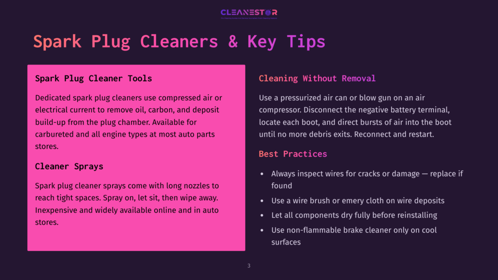 A Presentation Slide Titled &Quot;Spark Plug Cleaners &Amp; Key Tips&Quot; In English, Detailing Spark Plug Cleaner Tools, Sprays, And Cleaning Without Removal, With Bulleted Best Practices.