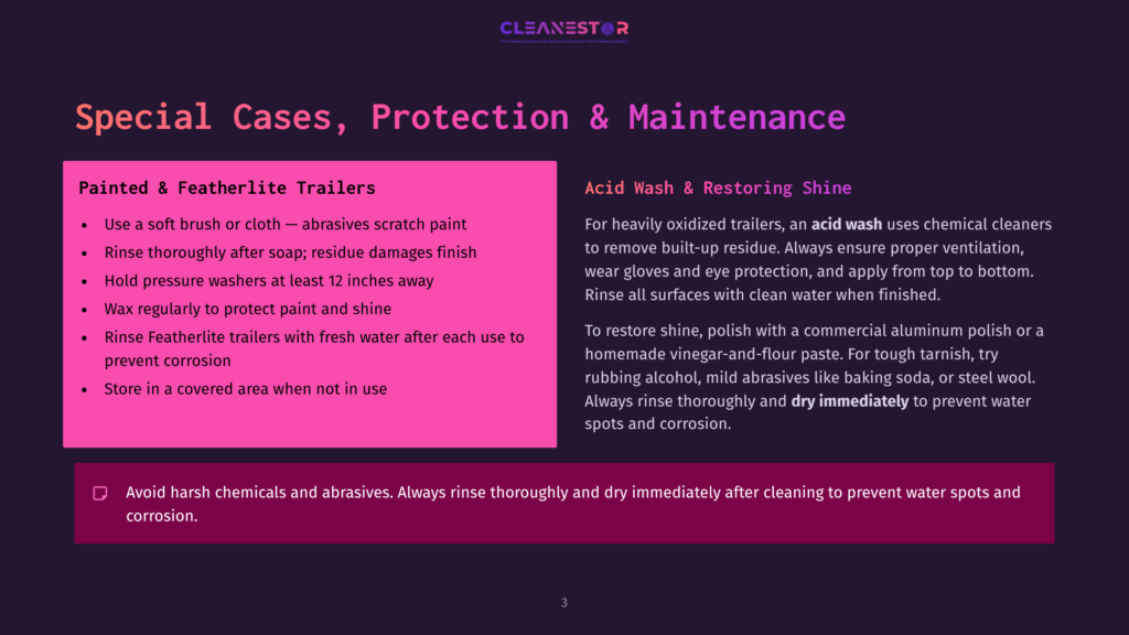 3 Special Cases Protection And Maintenance A Graphic With The Text &Quot;Cleanestor&Quot; At The Top, Followed By &Quot;Special Cases, Protection &Amp; Maintenance&Quot; And Bullet Points For &Quot;Painted &Amp; Featherlite Trailers&Quot; And &Quot;Acid Wash &Amp; Restoring Shine.