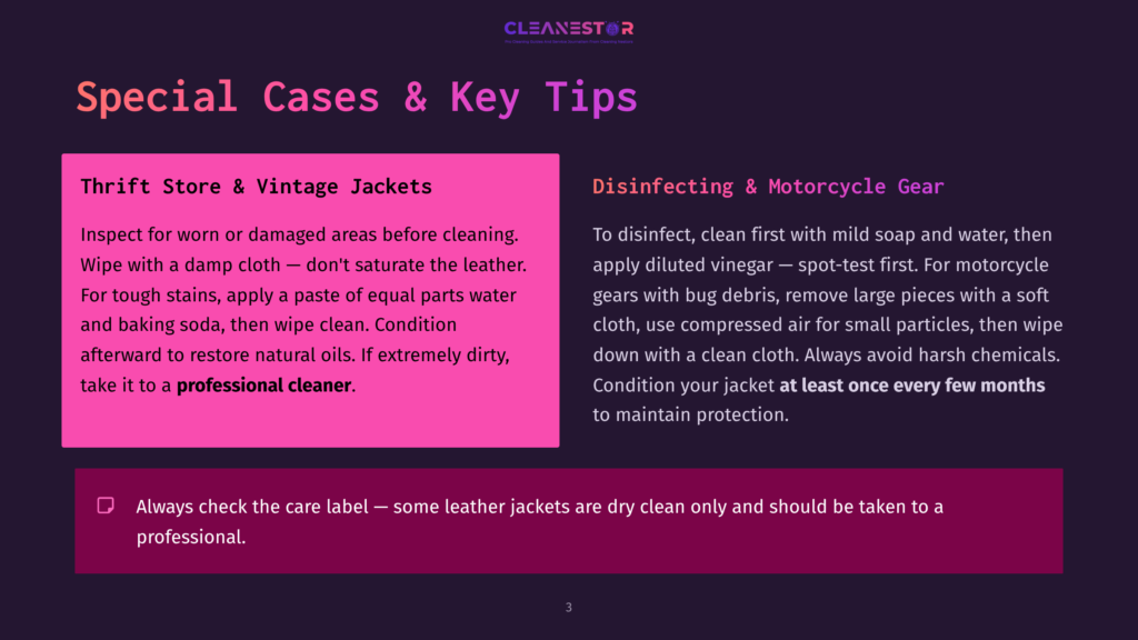The Image Contains Text For Cleaning Instructions For 'Thrift Store &Amp; Vintage Jackets' And 'Disinfecting &Amp; Motorcycle Gear', Including Tips On Stain Removal And Professional Cleaning.