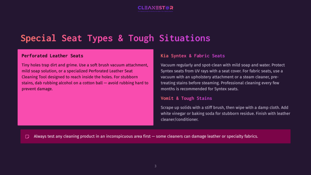 Cleanestor Logo With Text &Quot;Special Seat Types &Amp; Tough Situations,&Quot; Detailing Perforated Leather Seats And Kia Syntex &Amp; Fabric Seats Cleaning Instructions.