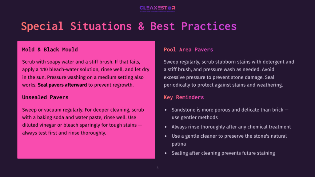 Presentation Slide Titled &Quot;Special Situations &Amp; Best Practices&Quot; With Sections On Mold &Amp; Black Mould, Unsealed Pavers, And Pool Area Pavers, Offering Cleaning Tips.