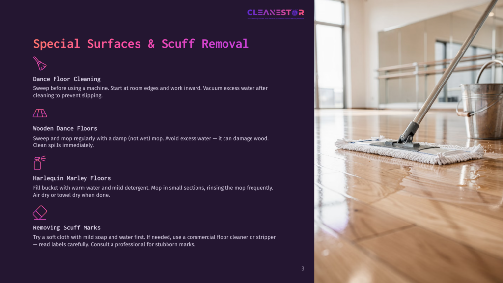 A Mop With A White Microfiber Pad Cleans A Polished Wooden Dance Floor, With Ballet Barres Visible In The Blurred Background. Text On The Left Details Dance Floor Cleaning Tips.