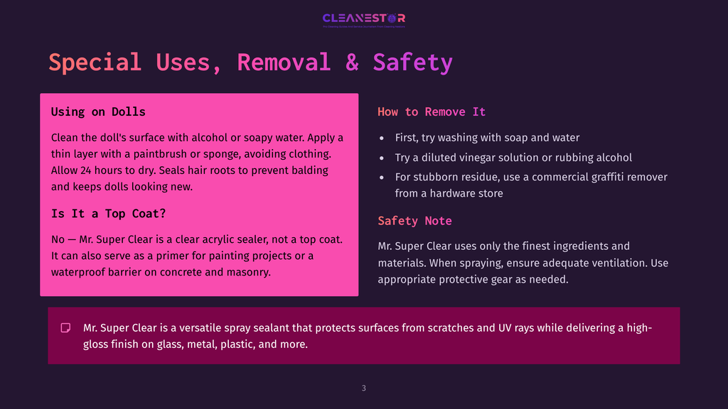 A Presentation Slide Titled &Quot;Special Uses, Removal &Amp; Safety&Quot; For &Quot;Cleanestor&Quot; Spray Sealant. It Details Uses For Dolls And Top Coats, Removal Instructions, And Safety Notes, With A Magenta And Dark Purple Color Scheme.