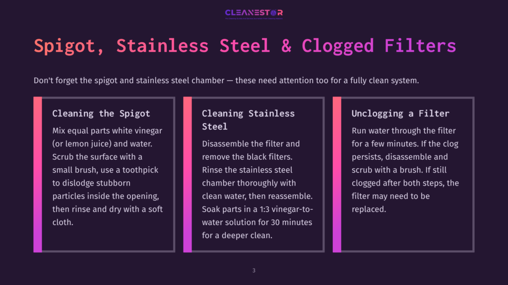 3 Spigot Stainless Steel And Clogged Filters Spigot, Stainless Steel &Amp; Clogged Filters: A Guide To Cleaning And Unclogging With Vinegar And Water Solutions. The Image Displays Three Sections With Instructions For Cleaning Spigots, Stainless Steel Chambers, And Unclogging Filters.