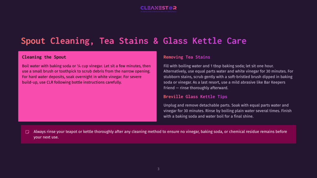 A Graphic With The Title &Quot;Spout Cleaning, Tea Stains &Amp; Glass Kettle Care&Quot; Provides Cleaning Instructions. The Left Side Details How To Clean A Spout Using Baking Soda Or Clr, While The Right Side Explains How To Remove Tea Stains And Clean Glass Kettles With Vinegar.