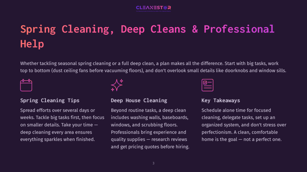 Cleanestor Logo With The Text &Quot;Spring Cleaning, Deep Cleans &Amp; Professional Help&Quot; And Three Icons Representing Tips, Deep Cleaning, And Key Takeaways.