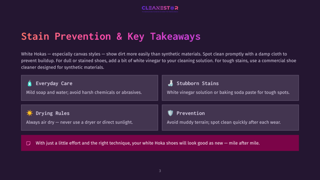 Cleanestor Logo Above A Dark Purple Slide Titled &Quot;Stain Prevention &Amp; Key Takeaways&Quot; With Tips For Cleaning White Hoka Shoes, Including Everyday Care, Stubborn Stains, Drying Rules, And Prevention.