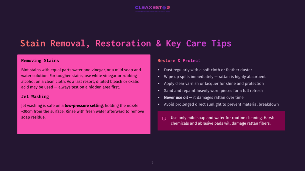 3 Stain Removal Restoration And Key Care Tips A Dark Background With A Pink Overlay Displays Text About Stain Removal, Restoration, And Key Care Tips For Furniture, Including Instructions For Removing Stains And Jet Washing.
