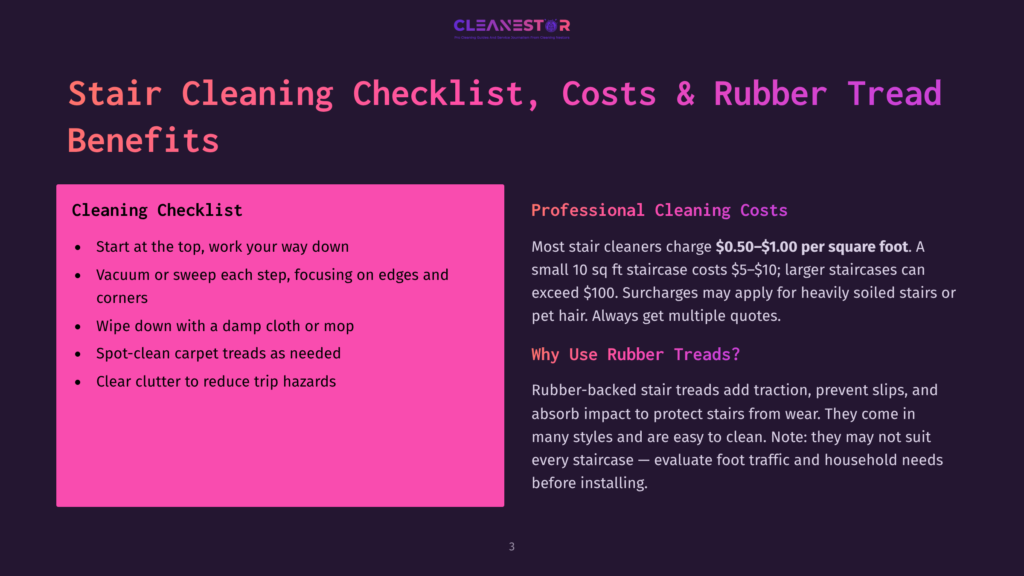 3 Stair Cleaning Checklist Costs And Rubber Tread Benefits A Slide Titled &Quot;Stair Cleaning Checklist, Costs &Amp; Rubber Tread Benefits&Quot; With Two Columns: &Quot;Cleaning Checklist&Quot; And &Quot;Professional Cleaning Costs.&Quot; The Checklist Includes Points Like &Quot;Start At The Top,&Quot; &Quot;Vacuum Or Sweep,&Quot; And &Quot;Wipe Down With A Damp Cloth.&Quot; The Costs Section Details Pricing Per Square Foot And Mentions Staircases And Rubber Treads.