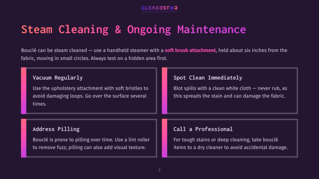 A Dark Purple Background With A Dark Pink Gradient. The Text &Quot;Cleanestor&Quot; Is At The Top Center. Below It, &Quot;Pro Cleaning Services And Solutions For Your Home Cleaning Needs.&Quot; The Main Text Is &Quot;Steam Cleaning &Amp; Ongoing Maintenance.&Quot; Four Boxes Detail Cleaning Tips: &Quot;Vacuum Regularly,&Quot; &Quot;Spot Clean Immediately,&Quot; &Quot;Address Pilling,&Quot; And &Quot;Call A Professional.