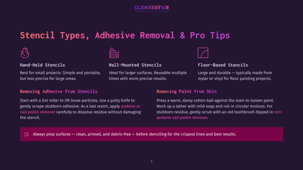 3 Stencil Types Adhesive Removal And Pro Tips Stencil Types, Adhesive Removal &Amp; Pro Tips: Hand-Held, Wall-Mounted, And Floor-Based Stencils. Tips For Removing Adhesive And Paint From Skin.