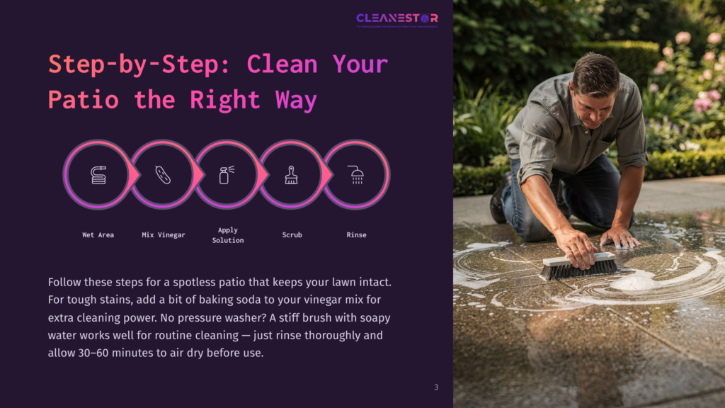 Step-By-Step Guide To Cleaning Your Patio: Wet Area, Mix Vinegar, Apply Solution, Scrub, Rinse. Man Scrubbing A Stone Patio With A Brush And Cleaning Solution.