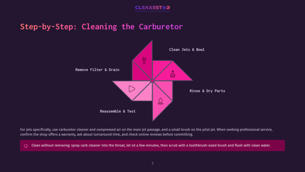 3 Step By Step Cleaning The Carburetor Step-By-Step Guide To Cleaning A Carburetor, Illustrated With A Colorful Pinwheel Graphic Showing Steps: Clean Jets &Amp; Bowl, Rinse &Amp; Dry Parts, Reassemble &Amp; Test, Remove Filter &Amp; Drain.